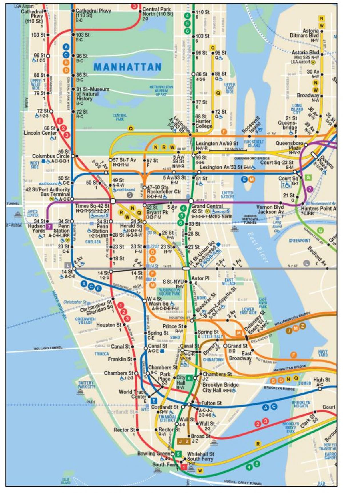 peta kereta bawah tanah di lower Manhattan