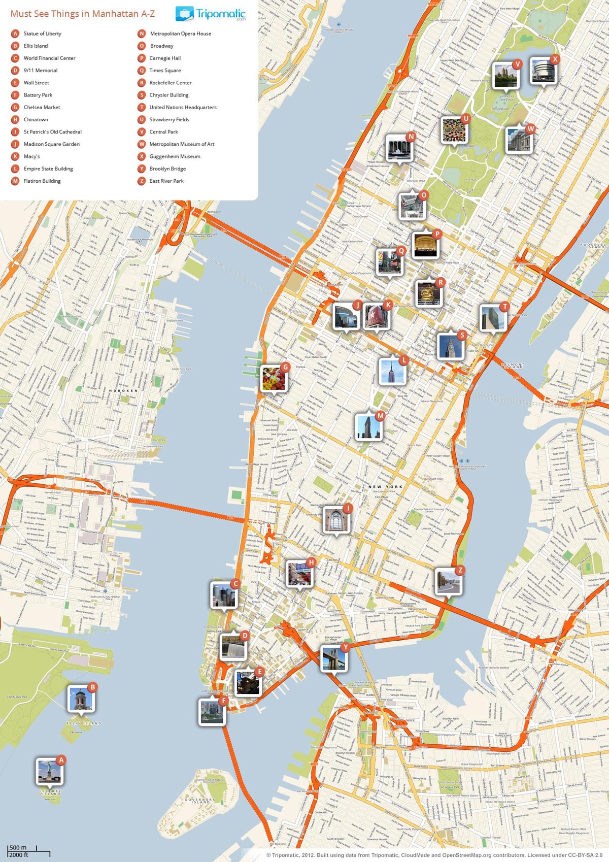 peta dari Manhattan menunjukkan tempat-tempat wisata