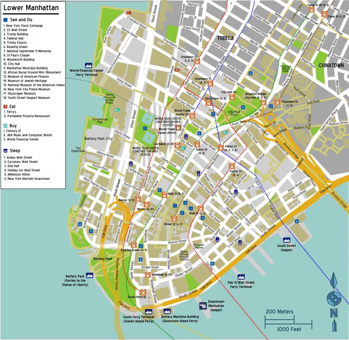 peta dari lower Manhattan dengan nama jalan